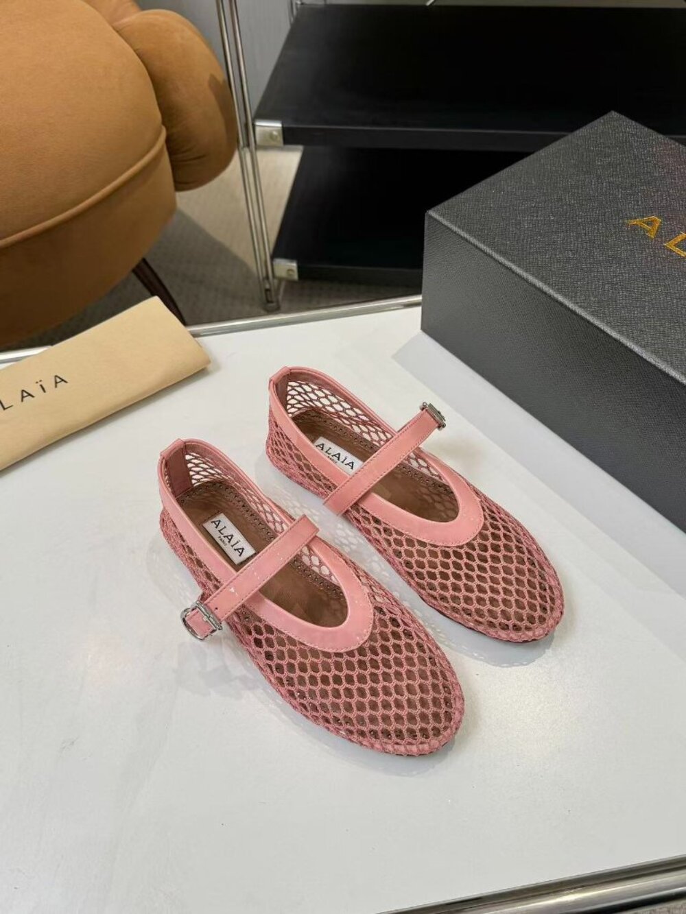 ALAÏA Pink Mesh Mary Jane Ballet Flats - Picture 2 of 9